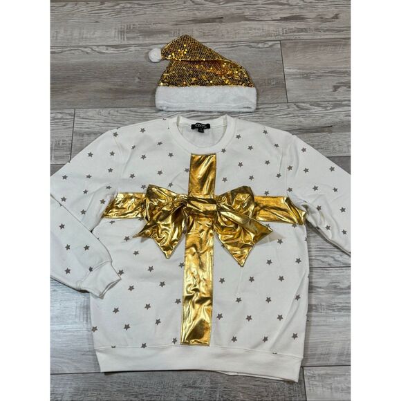 Vinyl ladies gold bow Christmas sweater sweatshirt with Santa hat size M - Picture 2 of 9